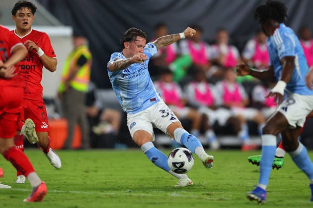 HARRISON, NJ - AUGUST 13: Mitja Ilenic 35 of the New York City Football Club shoots the ball during the first half of the Leagues Cup match against Necaxa on August 13, 2026 at Sports Illustrated Stadium in Harrison, New Jersey. (Photo by Rich Graessle Icon Sportswire) SOCCER: AUG 14 Leagues Cup Necaxa vs New York City EDITORIAL USE ONLY Icon26081330472