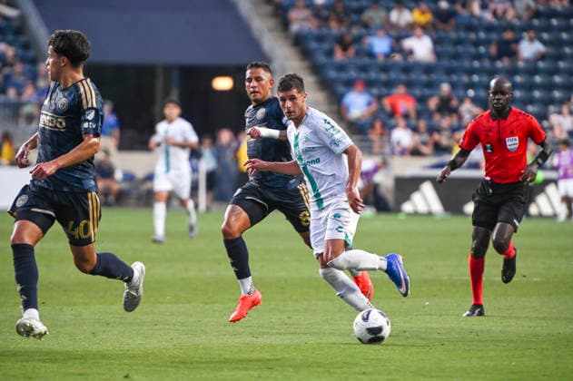 August 13, 2026, Chester, Pennsylvania, United States: Santos Laguna player, RAMIRO SORDO (26) in action against Philadelphia Union player, JESUS BUENO (8) during the Leagues Cup match at Subaru Park in Chester PA Chester United States - ZUMArf1_ 20260813_zaf_rf1_014 Copyright: xRickyxFitchettx