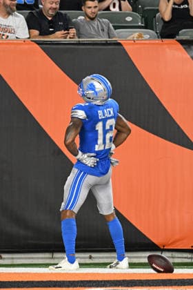 August 13, 2026: Detroit Lions wide receiver Tarik Black (12) celebrates his toucdown against the Cincinnati Bengals in their game in Cincinnati, Ohio. Cincinnati beat Detroit the game 16-14. Cal Media Cincinnati USA - ZUMAc04_ 20260813_zma_c04_042 Copyright: xBrentxClarkx