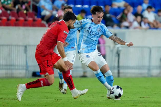 Mitja Ilenic (R) of NYC controls the ball in a Leagues Cup match between NYC FC and Necaxa at Red Bull Arena in New Jersey, United States, 13 August 2026. Leagues Cup: NYC FC - Necaxa !ACHTUNG: NUR REDAKTIONELLE NUTZUNG!  Copyright: xÁngelxColmenaresx AMDEP764 20260814-55021140780_1