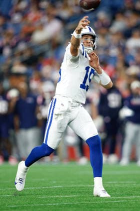 August 13, 2026; Foxborough, Massachusetts, USA; Indianapolis Colts quarterback Riley Leonard (15) passes the ball in an NFL, American Football Herren, USA preseason game against the New England Patriots at Gillette Stadium. (c) CSM NFL 2026: Colts Vs Patriots AUG 13  - ZUMAc04_ 20260813_zma_c04_080 Copyright: xBurtxGranofskyx