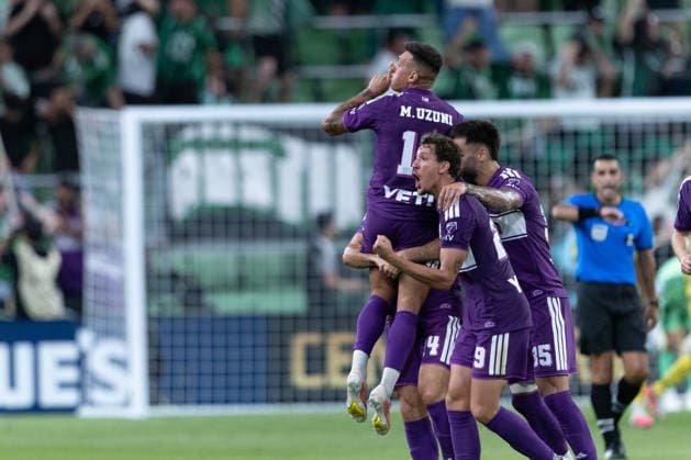 Myrto Uzuni (C) of Austin celebrate a goal with his teammates in a Leagues Cup match between America and Austin FC at the Q2 stadium in Austin, United States, 13 August 2026. Leagues Cup - America vs Austin FC !ACHTUNG: NUR REDAKTIONELLE NUTZUNG!  Copyright: xCarlosxRamírezx AMDEP870 20260814-55021140925_1
