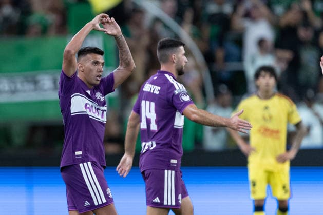 Myrto Uzuni (L) of Austin celebrate a goal in a Leagues Cup match between America and Austin FC at the Q2 stadium in Austin, United States, 13 August 2026. Leagues Cup - America vs Austin FC !ACHTUNG: NUR REDAKTIONELLE NUTZUNG!  Copyright: xCarlosxRamírezx AMDEP871 20260814-55021140926_1