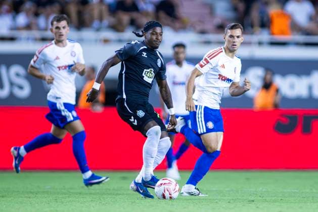 August 13, 2026, Split, Dalmatia, Croatia: Bryan Teixeira (FK Zalgiris) 70 in action with the ball during the second leg of the UEFA Europa Conference League third qualifying round match between HNK Hajduk Split (CRO) and FK Zalgiris (LTU) at Poljud Stadium. On photo Niko Sigur (HNK HAJDUK SPLIT) 8 and Bryan Teixeira (FK Zalgiris) 70. UEFA Conference League Third Qualifying Round: HNK HAJDUK SPLIT - FK Zalgiris 4:0  - ZUMAp210 20260813_zsp_p210_001 Copyright: xMajaxPrgometx