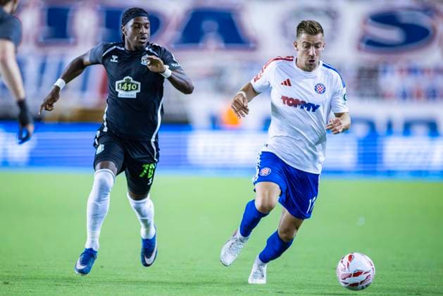 August 13, 2026, Split, Dalmatia, Croatia: Dario Melnjak (HNK HAJDUK SPLIT) 17 in action with the ball during the second leg of the UEFA Europa Conference League third qualifying round match between HNK Hajduk Split (CRO) and FK Zalgiris (LTU) at Poljud Stadium. On photo Dario Melnjak (HNK HAJDUK SPLIT) 17 and Bryan Teixeira (FK Zalgiris) 70. UEFA Conference League Third Qualifying Round: HNK HAJDUK SPLIT - FK Zalgiris 4:0  - ZUMAp210 20260813_zsp_p210_014 Copyright: xMajaxPrgometx