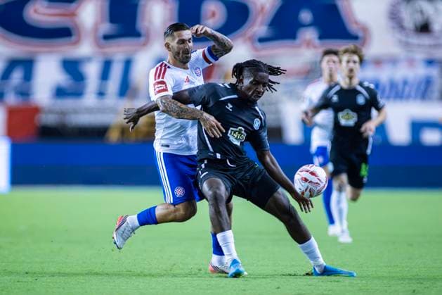 August 13, 2026, Split, Dalmatia, Croatia: Danny Lupano (FK Zalgiris) 4 in action with the ball during the second leg of the UEFA Europa Conference League third qualifying round match between HNK Hajduk Split (CRO) and FK Zalgiris (LTU) at Poljud Stadium. On photo Danny Lupano (FK Zalgiris) 4 and Marko Livaja (HNK Hajduk Split) 10. UEFA Conference League Third Qualifying Round: HNK HAJDUK SPLIT - FK Zalgiris 4:0  - ZUMAp210 20260813_zsp_p210_017 Copyright: xMajaxPrgometx