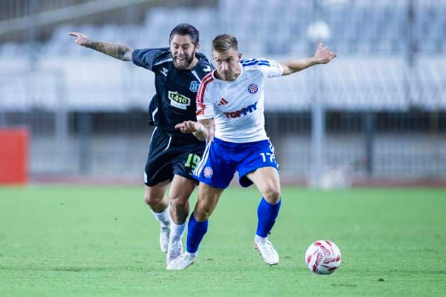 August 13, 2026, Split, Dalmatia, Croatia: Dario Melnjak (HNK HAJDUK SPLIT) 17 in action with the ball during the second leg of the UEFA Europa Conference League third qualifying round match between HNK Hajduk Split (CRO) and FK Zalgiris (LTU) at Poljud Stadium. On photo Dario Melnjak (HNK HAJDUK SPLIT) 17 and Stanislav Bilenkyi (FK Zalgiris) 19. UEFA Conference League Third Qualifying Round: HNK HAJDUK SPLIT - FK Zalgiris 4:0  - ZUMAp210 20260813_zsp_p210_037 Copyright: xMajaxPrgometx