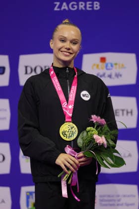 Angelina Melnikova, RUS, after winning qualification at 2026 Europeans in Zagreb; 13 08 2026; *** Angelina Melnikova, RUS, after qualifying at the 2026 European Championships in Zagreb on August 13, 2026 