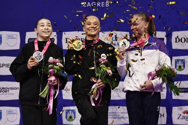 Anna Kalmykova RUS, Angelina Melnikova RUS, Elena Colas FRA - after winning qualification at 2026 Europeans in Zagreb; 13 08 2026; *** Anna Kalmykova (RUS), Angelina Melnikova (RUS), and Elena Colas (FRA) after qualifying at the 2026 European Championships in Zagreb on August 13, 2026 