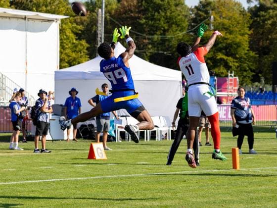 Incomplette pass to 99 Bralon Brown (WR DB) Team American Samoa Men. 11 Isaiah CalhounTheard Jr no chance to a interception Team American Samon Men vs Team USA Men, Flag Football , IFAF, WM, 2026, 13.08-16.08.26, Düsseldorf Flag Football Komplex Düsseldor Germany Copyright: xPFA ChristopherxMettkenx