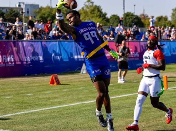 99 Bralon Brown (WR DB) Team American Samoa Men catch the ball in the air. Team American Samon Men vs Team USA Men, Flag Football , IFAF, WM, 2026, 13.08-16.08.26, Düsseldorf Flag Football Komplex Düsseldor Germany Copyright: xPFA ChristopherxMettkenx