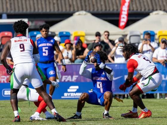 9 Jahcour Hasaan Pearson (WR DB) Team American Samoa Men run with the ball. Team American Samon Men vs Team USA Men, Flag Football , IFAF, WM, 2026, 13.08-16.08.26, Düsseldorf Flag Football Komplex Düsseldor Germany Copyright: xPFA ChristopherxMettkenx