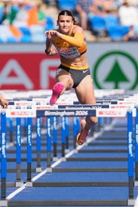 BIRMINGHAM, GREAT BRITAIN - AUGUST 14, 2026 : Sandrina SPRENGEL (GER Germany) competing in the 100m hurdles in the heptathlon during the European Athletics Championships at Alexander Stadium on August 14, 2026 in Birmingham, Great Britain. Great Britain Copyright: xLeahxKohringx