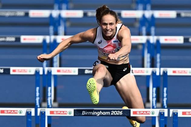 Belgian Noor Vidts pictured in action during the 100m hurdles race of the women s heptathlon competition, at on the fifth day of the European Athletics Championships (August 10-18) in Birmingham, United Kingdom, on Friday 14 August 2026. ERICxLALMAND  x183351691x