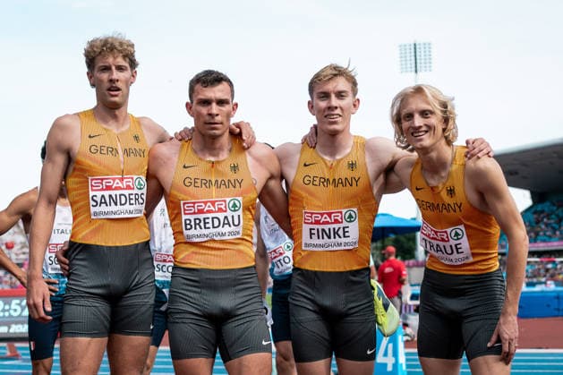 Thorben Finke (SV Sigiltra Soegel, 4x400m Staffel Maenner), Thilo Traue (LG Stadtwerke Muenchen, 4x400m Staffel Maenner), Jean Paul Bredau (VfL Wolfsburg, 4x400m Staffel Maenner), Manuel Sanders (TV Wattenscheid 01, 4x400m Staffel Maenner), GBR, Leichtathletik, Athletics, European Athletics Championships 2026, Leichtathletik Europameisterschaft 2026, Birmingham 2026, 09.08.2026, GBR, Leichtathletik, Athletics, European Athletics Championships 2026, Leichtathletik Europameisterschaft 2026, Birmingham 2026, 09.08.2026 Birmingham *** Thorben Finke, SV Sigiltra Soegel, Men s 4x400m Relay; Thilo Traue, LG Stadtwerke Munich, Men s 4x400m Relay; Jean Paul Bredau, VfL Wolfsburg, Men s 4x400m Relay; Manuel Sanders, TV Wattenscheid 01, Men’s 4x400m Relay, GBR, Track and Field, Athletics, 2026 European Athletics Championships, 2026 European Track and Field Championships, Birmingham 2026, August 9, 2026, GBR, Track and Field, Athletics, 2026 European Athletics Championships, 2026 European Track and Field Championships, Birmingham 2026, August 9, 2026, Birmingham Copyright: xStefanxMayerx EP_SMR