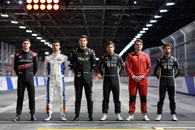 2026 FORMULA E LONDON ePRIX Championship contenders, Formula E Drivers, class of 2025-26, MORTARA Edoardo (swi), Mahindra Racing, Mahindra M12Electro, portrait, WEHRLEIN Pascal (ger), Porsche Formula E Team, Porsche 99X Electric, portrait, DENNIS Jake (gbr), Andretti Formula E, Porsche 99X Electric, portrait, EVANS Mitch (nzl), Jaguar TCS Racing, Jaguar I-Type 7, portrait, ROWLAND Oliver (gbr), Nissan Formula E Team, Nissan e-4ORCE 05, portrait, DA COSTA Antonio Felix (prt), Jaguar TCS Racing, Jaguar I-Type 7, portrait during the London ePrix, 16th and 17th round of the 2025-26 ABB FIA Formula E World Championship, WM, Weltmeisterschaft on the ExCel London Circuit from August 14 to 16, 2026 in London, United Kingdom - LondonUnited Kingdom  Copyright: xPauloxMariax