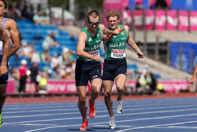 2026 European Athletics Championships, Alexander Stadium, Birmingham, England 14 8 2026 Men™s 4x400m Heat Ireland™s Andrew Egan passes the baton to Jack Raftery Andrew Egan passes the baton to Jack Raftery 14 8 2026  Copyright: xx 0U6A3030
