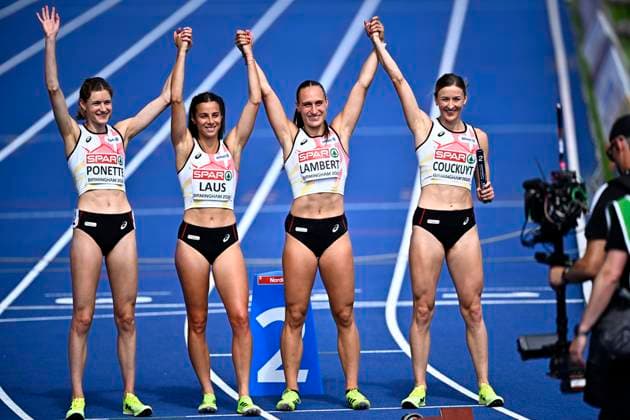 European Athletics Championships Birmingham 2026 - day 5 BIRMINGHAM, ENGLAND - AUGUST 14 : Belgian Cheetahs Ponette Helena (BEL), Laus Camille (BEL), Lambert Kylie (BEL), Couckuyt Paulien (BEL) in action during the 4x400m Relay Women Round 1 Heat 1 on day 5 of the Birmingham 2026 European Athletics Championships on August 14, 2026 in Birmingham, England, 14 08 2026 Birmingham ENGLAND  Copyright: xTomasxSiskx