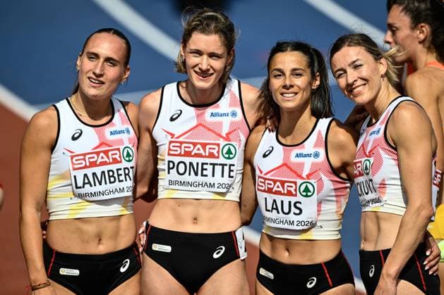 Belgian Kylie Lambert; Belgian Helena Ponette; Belgian Camille Laus and Belgian Paulien Couckuyt celebrate after the women s 4x400m relay on the fifth day of the European Athletics Championships (August 10-18) in Birmingham, United Kingdom, on Friday 14 August 2026. ERICxLALMAND  x0864079603stx