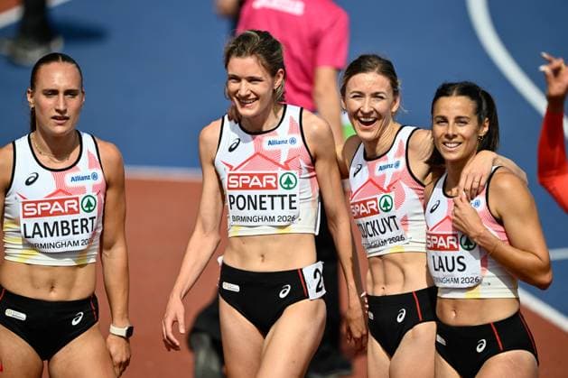Belgian Kylie Lambert; Belgian Helena Ponette; Belgian Paulien Couckuyt and Belgian Camille Laus celebrate after the women s 4x400m relay on the fifth day of the European Athletics Championships (August 10-18) in Birmingham, United Kingdom, on Friday 14 August 2026. ERICxLALMAND  x0864079669stx