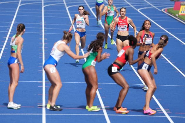 European Athletics Championships in Birmingham, United Kingdom, August 14, 2026. From left Czech Nikola Bisova (3rd left) and Barbora Malikova (2nd from left) in action during the 4x400 m relay women - heats. (CTKxPhoto JaroslavxSvoboda) CTKPhotoP2026081404141  CTKPhotoP2026081404141