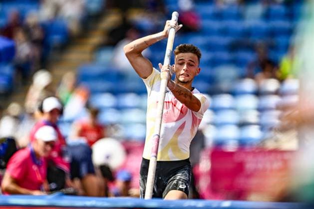 Belgian Ylio Philtjens pictured in action during the men s pole vault event on the fifth day of the European Athletics Championships (August 10-18) in Birmingham, United Kingdom, on Friday 14 August 2026. ERICxLALMAND  x183357415x