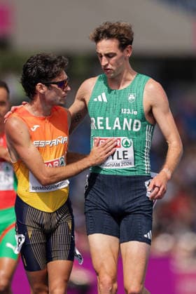 2026 European Athletics Championships, Alexander Stadium, Birmingham, England 14 8 2026 Men™s 1500m Round 1 Ireland™s Cathal Doyle with Carlos Saez of Spain after he fell during the race Cathal Doyle with Carlos Saez after he fell during the race 14 8 2026  Copyright: xx 0U6A3602