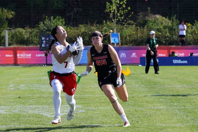Yurika Rokukawa (Japan, 7) catches the ball, IFAF Flag Football World Championships, Day 1, 13.08.2026, Photo: PFA Klaus Sack Düsseldorf-Garath Flag Football Complex Deutschland Copyright: xPFA KlausxSackx