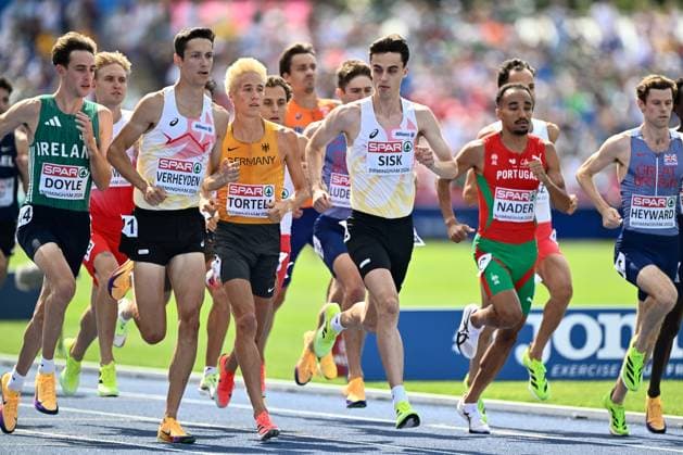 Belgian Ruben Verheyden and Belgian Pieter Sisk pictured in action during the 1500m race on the fifth day of the European Athletics Championships (August 10-18) in Birmingham, United Kingdom, on Friday 14 August 2026. ERICxLALMAND  x183357774x