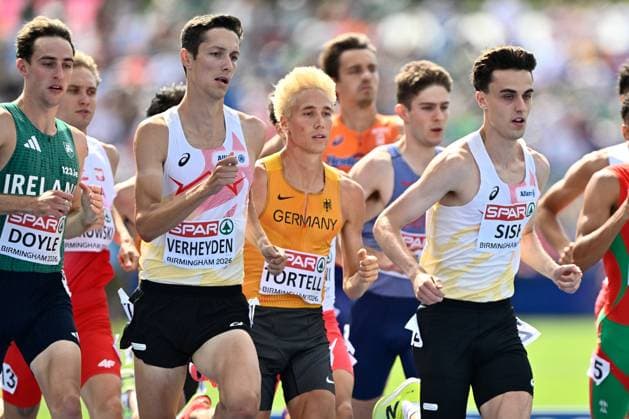 Belgian Ruben Verheyden and Belgian Pieter Sisk pictured in action during the 1500m race on the fifth day of the European Athletics Championships (August 10-18) in Birmingham, United Kingdom, on Friday 14 August 2026. ERICxLALMAND  x183357773x