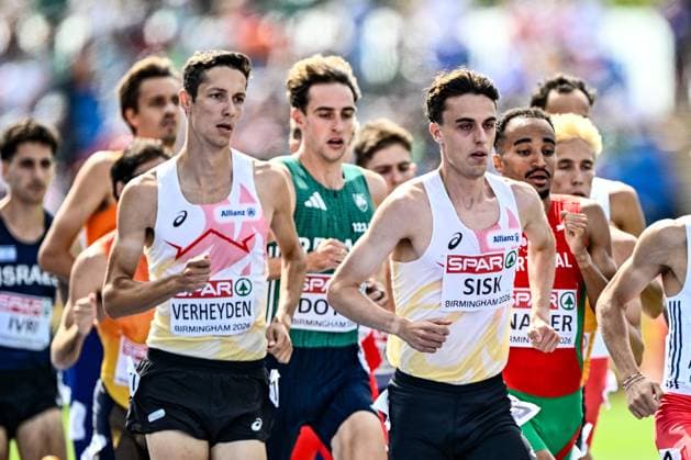 Belgian Ruben Verheyden and Belgian Pieter Sisk pictured in action during the 1500m race on the fifth day of the European Athletics Championships (August 10-18) in Birmingham, United Kingdom, on Friday 14 August 2026. ERICxLALMAND  x183357794x
