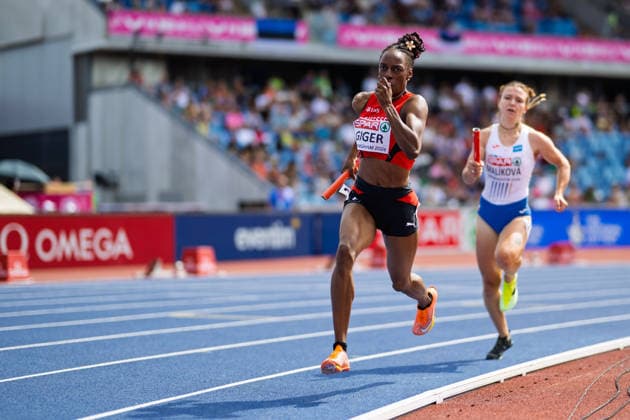 BIRMINGHAM, UNITED KINGDOM - AUGUST 14: Yasmin Giger of Switzerland competes in the Women s 4x400m Relay during the European Athletics Championships at Alexander Stadium on August 14, 2026 in Birmingham, United Kingdom. England United Kingdom Copyright: xBEAUTIFULxSPORTS TobiasxLacknerx
