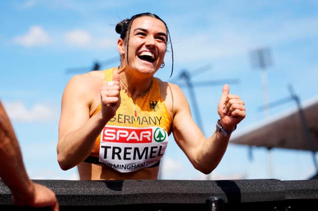 Sport Bilder des Tages BIRMINGHAM, GREAT BRITAIN - AUGUST 14, 2026 : Luisa TREMEL (GER Germany) happy about her qualification in the javelin throw during the European Athletics Championships at Alexander Stadium on August 14, 2026 in Birmingham, Great Britain. Great Britain Copyright: xLeahxKohringx