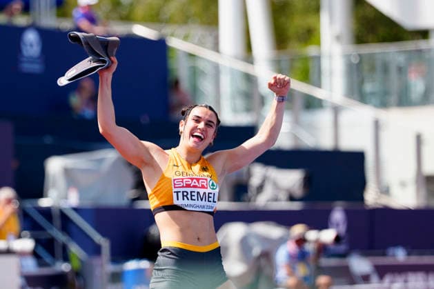 BIRMINGHAM, GREAT BRITAIN - AUGUST 14, 2026 : Luisa TREMEL (GER Germany) happy about her qualification in the javelin throw during the European Athletics Championships at Alexander Stadium on August 14, 2026 in Birmingham, Great Britain. Great Britain Copyright: xLeahxKohringx