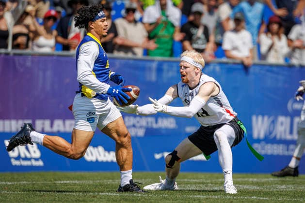 Germany (GER) vs. Brazil (BRA), Day 2 Men at IFAF Flag Football Championships Düsseldorf 2026, 14.08.2026 Duesseldorf, Germany - Aug. 14, 2026: Adner Sanches Ladeira (BRA 2) and Luca Samuel Bultmann (GER 19) during the match between Germany (GER) vs. Brazil (BRA) on the second day of the Men IFAF Flag Football World Championships at the Bezirkssportanlage Duesseldorf Garath *** Germany GER vs. Brazil BRA, Day 2 Men s Division at the IFAF Flag Football World Championships Düsseldorf 2026, August 14, 2026, Düsseldorf, Germany, Aug. 14, 2026 Adner Sanches Ladeira (BRA, No. 2) and Luca Samuel Bultmann (GER, No. 19) during the match between Germany (GER) and Brazil (BRA) on the second day of the Men’s IFAF Flag Football World Championships at the Bezirkssportanlage Düsseldorf Garath Copyright: xBEAUTIFULxSPORTS B.Hoffmannx