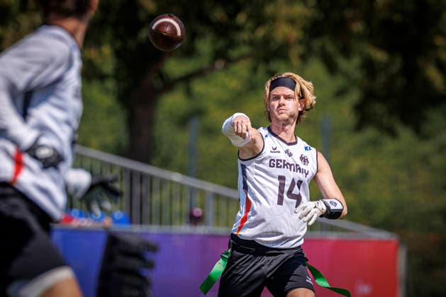 Germany (GER) vs. Brazil (BRA), Day 2 Men at IFAF Flag Football Championships Düsseldorf 2026, 14.08.2026 Duesseldorf, Germany - Aug. 14, 2026: Philipp Marco Klein (GER 14) during the match between Germany (GER) vs. Brazil (BRA) on the second day of the Men IFAF Flag Football World Championships at the Bezirkssportanlage Duesseldorf Garath *** Germany GER vs. Brazil BRA, Day 2 Men s Division at the IFAF Flag Football Championships Düsseldorf 2026, August 14, 2026, Düsseldorf, Germany. Philipp Marco Klein (GER 14) during the match between Germany (GER) and Brazil (BRA) on the second day of the Men’s IFAF Flag Football World Championships at the Bezirkssportanlage Düsseldorf Garath Copyright: xBEAUTIFULxSPORTS B.Hoffmannx