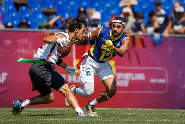 Germany (GER) vs. Brazil (BRA), Day 2 Men at IFAF Flag Football Championships Düsseldorf 2026, 14.08.2026 Duesseldorf, Germany - Aug. 14, 2026: Malik Al-Kahlout (GER 8) and Felipe Nunes Almeida dos Santos (BRA 12) during the match between Germany (GER) vs. Brazil (BRA) on the second day of the Men IFAF Flag Football World Championships at the Bezirkssportanlage Duesseldorf Garath *** Germany GER vs. Brazil BRA, Day 2 Men s Division at the IFAF Flag Football Championships Düsseldorf 2026, August 14, 2026, Düsseldorf, Germany, Aug. 14, 2026 Malik Al Kahlout (GER) 8 and Felipe Nunes Almeida dos Santos (BRA) 12 during the match between Germany (GER) and Brazil (BRA) on the second day of the Men’s IFAF Flag Football World Championships at the Bezirkssportanlage Düsseldorf Garath Copyright: xBEAUTIFULxSPORTS B.Hoffmannx