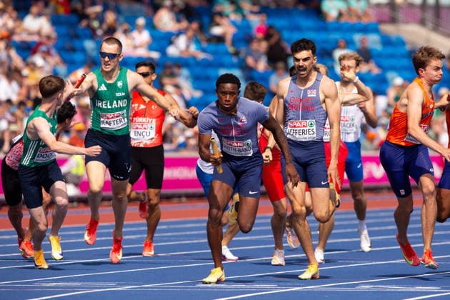 Ben Jeffries and Malique Smith Band of Great Britain and Northern Ireland in action in the Mens 4x400m relay heats at the European Athletics Championships at Alexander Stadium in Birmingham, England (Sean Walsh Sports Press Photo)  Copyright: xSeanxWalshx Sportspressphoto_SPR205998