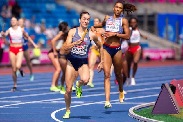 Charlotte Henrich of Great Britain and Northern Ireland in action in the Womens 4x400m heats at the European Athletics Championships at Alexander Stadium in Birmingham, England (Sean Walsh Sports Press Photo)  Copyright: xSeanxWalshx Sportspressphoto_SPR206028