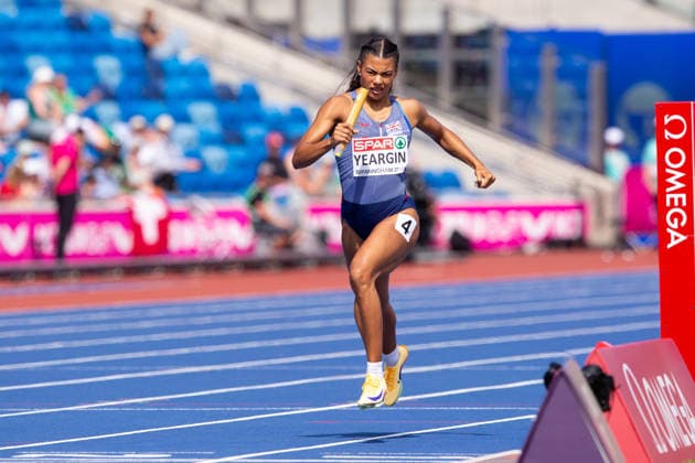 Nicolle Yeargin of Great Britain and Northern Ireland in action in the Womens 4x400m heats at the European Athletics Championships at Alexander Stadium in Birmingham, England (Sean Walsh Sports Press Photo)  Copyright: xSeanxWalshx Sportspressphoto_SPR206037