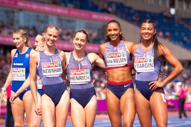 Great Britain after winning their 4x400m relay heat at the European Athletics Championships at Alexander Stadium in Birmingham, England (Sean Walsh Sports Press Photo)  Copyright: xSeanxWalshx Sportspressphoto_SPR206040