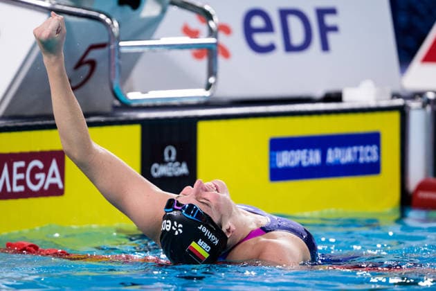 260814 Angelina Köhler of Germany celebrates after competing in women™s 100 meters butterfly swimming final during day 15 of the 2026 European Aquatics Championships on August 14, 2026 in Saint-Denis. Photo: Joel Marklund BILDBYRAN kod JM JM0843 bbeng simning swimming svomming 2026 european aquatics championships em dam jubel *** August 14, 2026: Angelina Köhler of Germany celebrates after competing in the women’s 100-meter butterfly swimming final during Day 15 of the 2026 European Aquatics Championships on August 14, 2026 in Saint Denis. Photo by Joel Marklund. BILDBYRAN code JM JM0843 bbeng swimming 2026 European Aquatics Championships European Championships women s celebration  Copyright: JOELxMARKLUND BB260814JM169