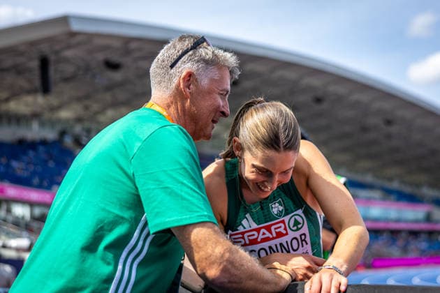 2026 European Athletics Championships, Alexander Stadium, Birmingham, England 14 8 2026 Women s Heptathlon - High Jump Ireland™s Kate O™Connor celebrates with her father and coach, Michael O™Connor after jumping 1.86m Kate O™Connor celebrates with her father and coach, Michael O™Connor 14 8 2026  Copyright: xx MT2_3673