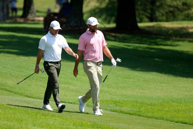 MEMPHIS, TN - AUGUST 14: Rory Mcllroy of Northern Ireland and Scottie Scheffler of the United States walk down the No. 1 fairway during the second round of the FedEx St. Jude Championship, August 14, 2026, at TPC Southwind in Memphis, Tennessee. (Photo by Matthew Maxey Icon Sportswire) GOLF: AUG 14 PGA, Golf Herren FedEx St. Jude Championship EDITORIAL USE ONLY Icon260814001