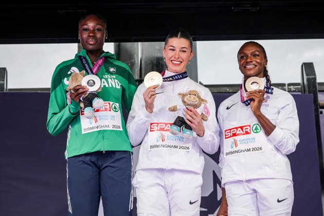 2026 European Athletics Championships, Alexander Stadium, Birmingham, England 14 8 2026 Women™s 200m Final Medal Ceremony Ireland™s Rhasidat Adeleke, Great Britain™s Amy Hunt and Dina Asher-Smith celebrate with their medals Rhasidat Adeleke, Amy Hunt and Dina Asher-Smith celebrate with their medals 14 8 2026  Copyright: xx 0U6A4593