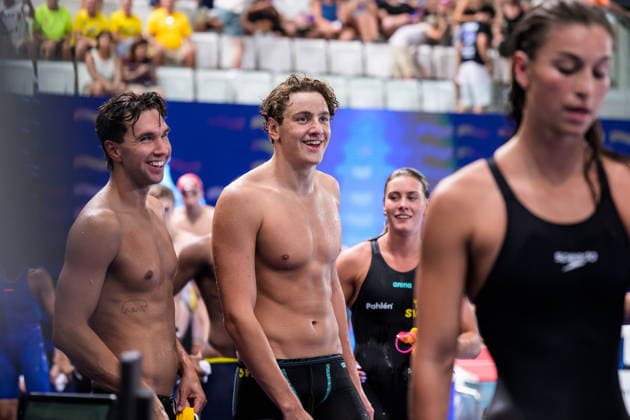260814 Robin Hanson, Ludvig Bartolek and Sofia Astedt of Sweden after competing in mixed 4x100 meters freestyle swimming relay final during day 15 of the 2026 European Aquatics Championships on August 14, 2026 in Saint-Denis. Photo: Joel Marklund BILDBYRAN kod JM JM0843 bbeng simning swimming svomming 2026 european aquatics championships em Sverige Sweden lagkapp stafett *** August 14, 2026: Robin Hanson, Ludvig Bartolek, and Sofia Astedt of Sweden after competing in the mixed 4x100-meter freestyle swimming relay final on Day 15 of the 2026 European Aquatics Championships on August 14, 2026 in Saint Denis. Photo by Joel Marklund, BILDBYRAN, code JM JM0843 bbeng swimming 2026 European Aquatics Championships EM Sweden team relay  Copyright: JOELxMARKLUND BB260814JM211