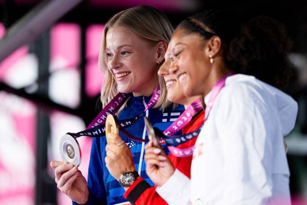 260814 Wilma Heltelä at medal ceremony after women™s pole vault during day 5 of the 2026 European Athletics Championships on August 14, 2026 in Birmingham. Photo: Mathias Bergeld BILDBYRAN kod MB MT1070 friidrott athletics friidrett friidrotts-em em friidretts-em 2026 european athletics championships day 5 bbeng *** August 14, 2026: Wilma Heltelä at the medal ceremony following the women’s pole vault on Day 5 of the 2026 European Athletics Championships on August 14, 2026 in Birmingham. Photo by Mathias Bergeld. BILDBYRAN code MB MT1070. track and field, athletics, friidrett, friidrotts EM, 2026 European Athletics Championships, Day 5, bbeng  Copyright: MATHIASxBERGELD BB260814MB084