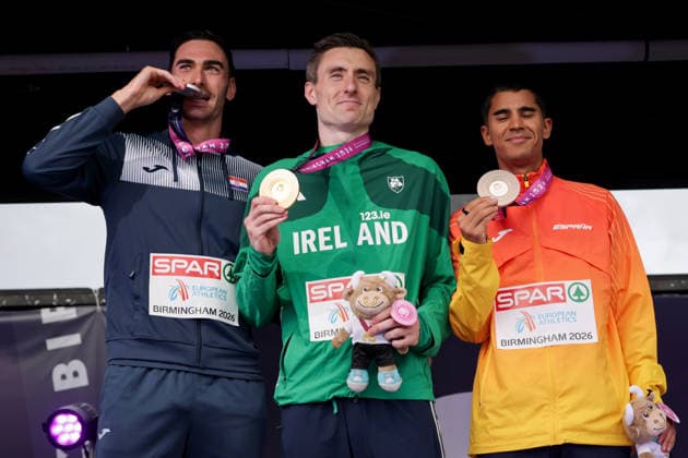 2026 European Athletics Championships, Alexander Stadium, Birmingham, England 14 8 2026 Men™s 800m Final Medal Ceremony Croatia™s Marino Bloudek, Ireland™s Mark English and Spain™s Mohamed Attaoui with their medals Marino Bloudek, Mark English and Mohamed Attaoui with their medals 14 8 2026  Copyright: xx 0U6A4301