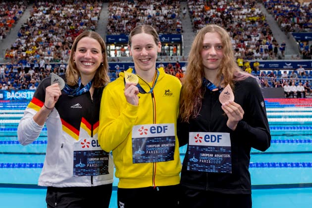 France, Paris, Centre Aquatique Olympique Metropole du Grand Paris, 14.08.2026, European Aquatics Championships, Day 15 - Final Session, Angelina Koehler, SG Neukoelln Berlin, Germany, Roos Vanotterdijk, Belgium and Daria Klepikova, Neutral Athletes B (Russia), Photo by Eibner Pressefoto Tino Henschel European Aquatics Championships, Day 15 - Final Session Paris *** France, Paris, Centre Aquatique Olympique Metropole du Grand Paris, August 14, 2026, European Aquatics Championships, Day 15 Final Session, Angelina Koehler, SG Neukoelln Berlin, Germany, Roos Vanotterdijk, Belgium, and Daria Klepikova, Neutral Athletes B Russia, Photo by Eibner Pressefoto Tino Henschel European Aquatics Championships, Day 15 Final Session, Paris Copyright: xEibnerxPressefotox