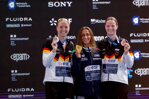 France, Paris, Centre Aquatique Olympique Metropole du Grand Paris, 14.08.2026, European Aquatics Championships, Day 15 - Final Session, Isabel Gose, SC Magdeburg, Germany, Simona Quadarella, Italy and Maya Werner, Photo by Eibner Pressefoto Tino Henschel European Aquatics Championships, Day 15 - Final Session Paris *** France, Paris, Centre Aquatique Olympique Metropole du Grand Paris, August 14, 2026, European Aquatics Championships, Day 15 Final Session, Isabel Gose, SC Magdeburg, Germany; Simona Quadarella, Italy; and Maya Werner. Photo by Eibner Pressefoto Tino Henschel. European Aquatics Championships, Day 15 Final Session, Paris Copyright: xEibnerxPressefotox